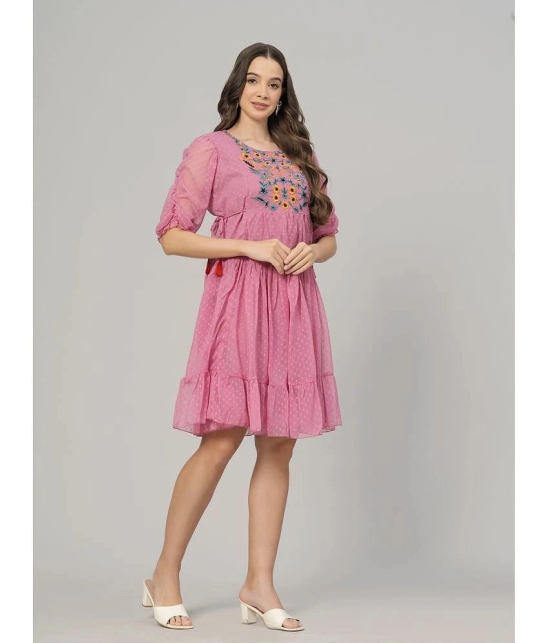 JC4U Crepe Embroidered Knee Length Womens Fit & Flare Dress - Pink ( Pack of 1 ) - None