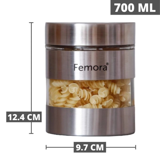 Femora Clear Glass Steel Metallic Jars for Kitchen Storage, 1000 ML, Free Replacement of Lids