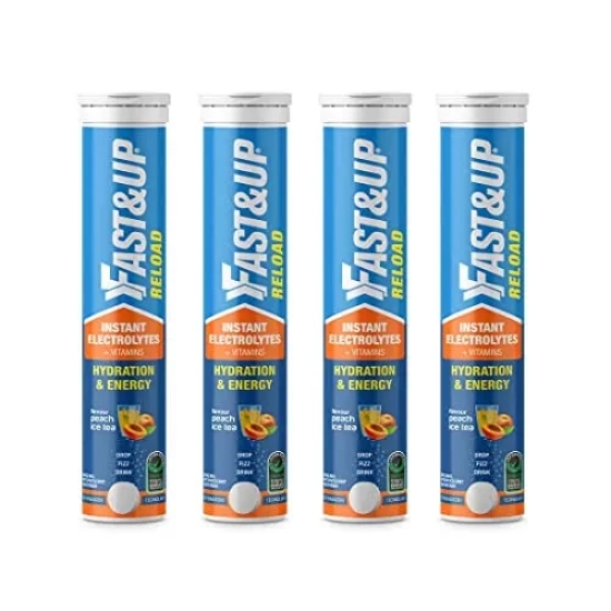 Fast&Up Reload Instant Hydration and Energy Drink - 80 Effervescent Tablets with all 5 Essential Electrolytes + Low Sugar and Added Vitamins - Certified Electrolytes Drink - Peach Ice Tea flavour