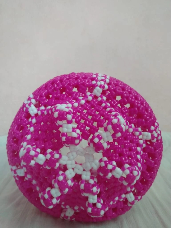 Handcrafted Pink and White Beaded Basket with Handle