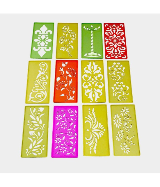 CRAFTAM Different Design Ready to Draw Rangoli Making Stencils, Rangoli Plastic Stencils for Diwali Floor Decoration (Set of 12, Size 3x7 Inch)