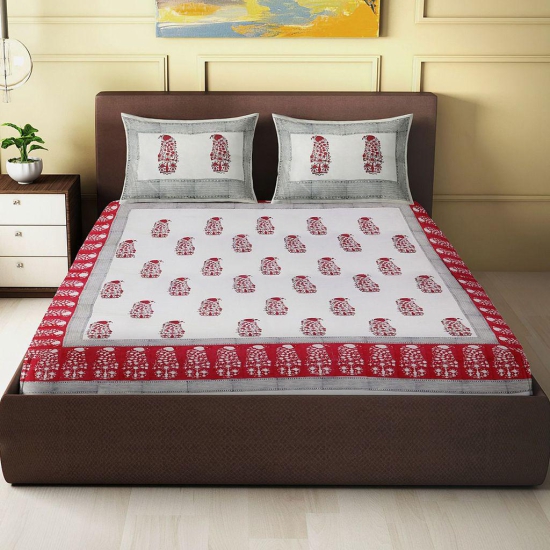 Red Buta Block Printed King Size Double Bedsheet