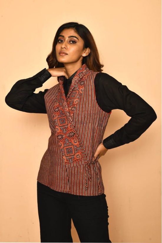 Red cotton Ajrakh natural dye shawl jacket for women