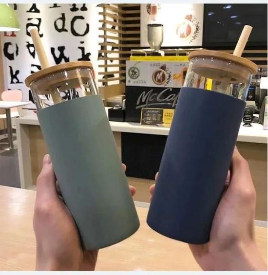 Glass Sipper With Bamboo Lid Straw | Free Silicon Sleeve