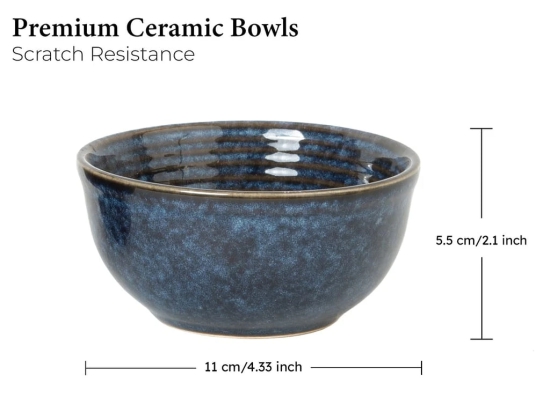 Reactive Handpainted Premium Ceramic 4 Small Dinner Bowl| Dessert Bowl, Soup Bowl, Salad Bowl | Stoneware | Microwave and Dishwasher Safe | Pack of 4 | Reactive Blue