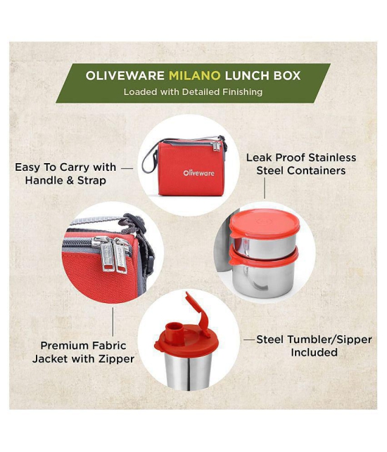 Oliveware Milano Lunch Box, 3 Stainless Steel Containers and Sipper with Steel Spoon - Red