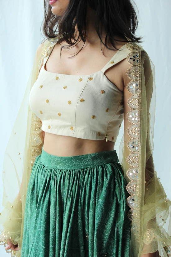 Beige And Green Floral Lehenga