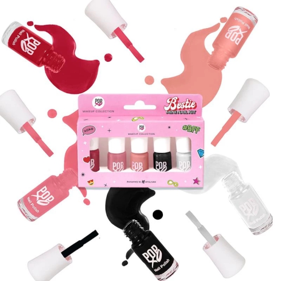 POPxo Makeup - Bestie Mini Nail Kit (Set of 5) | Long Lasting, Chip-Resistant, Glossy Mini Nail Polish Set (3ml x 5)