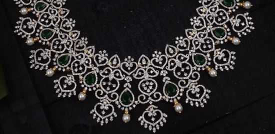  Stunning American Diamond and Emerald Necklace Set in Silver