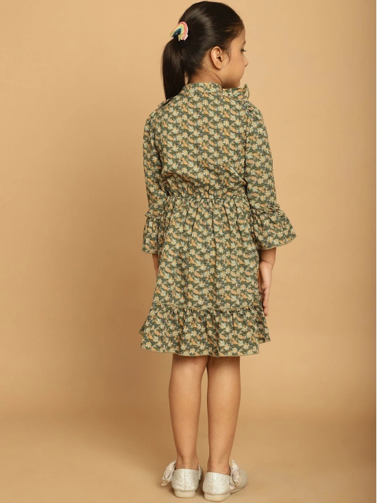 MINI & MING Girls Floral Printed Band Collar Bell Sleeve Ruffled Fit & Flare Dress