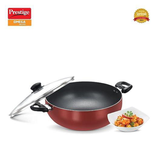 Prestige Omega Deluxe Aluminium Non Stick Round Base Deep Kadai with Glass Lid 28 Cm (Red)