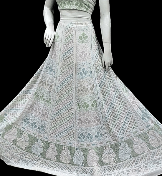 White | Semi-Stitched | Free Size | Lehenga Choli | Chikankari | Lucknowi | Hand Embroidery | Cotten | White