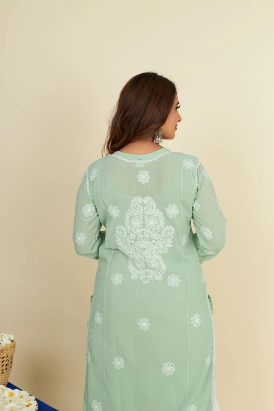 Georgette Chikankari  kurti- Pista Green-Pista Green / M