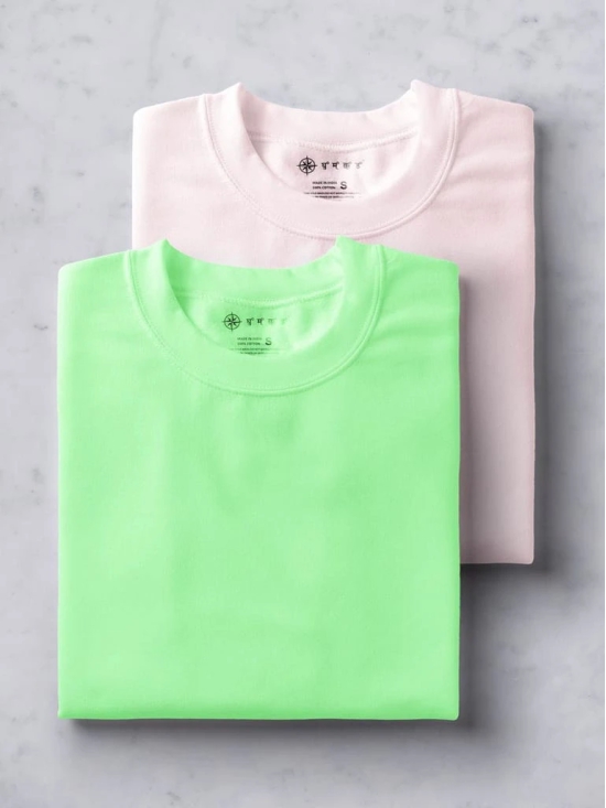 Electric Mint & Soft Pink Half Sleeve Round Neck Cotton Plain Regular Fit Pack of 2 combo T-Shirt for men by Ghumakkad