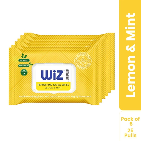 Wiz Lemon & Mint Refreshing Facial Wipes - 25 Pulls (Pack of 6)