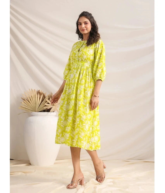 Janasya Cotton Printed Midi Womens A-line Dress - Lime Green ( Pack of 1 ) - None