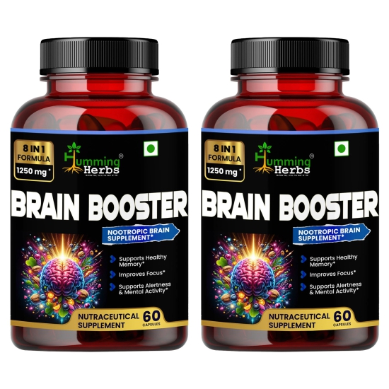 Humming Herbs Brain Booster | Nootropic Brain Supplement for Memory, Focus, & Mental Clarity - 8 in 1 Formula with GABA, Bacopa, Lions Mane - Pack of 2