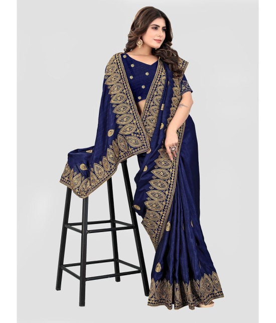 Om Shantam Sarees - Navy Blue Silk Blend Saree With Blouse Piece ( Pack of 1 ) - Navy Blue