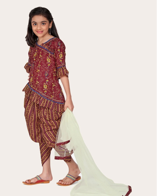 Floral Cotton Printed Peplum Stylish Top and Dhoti Dupatta Set for Girls-Maroon / 9 - 10 Years