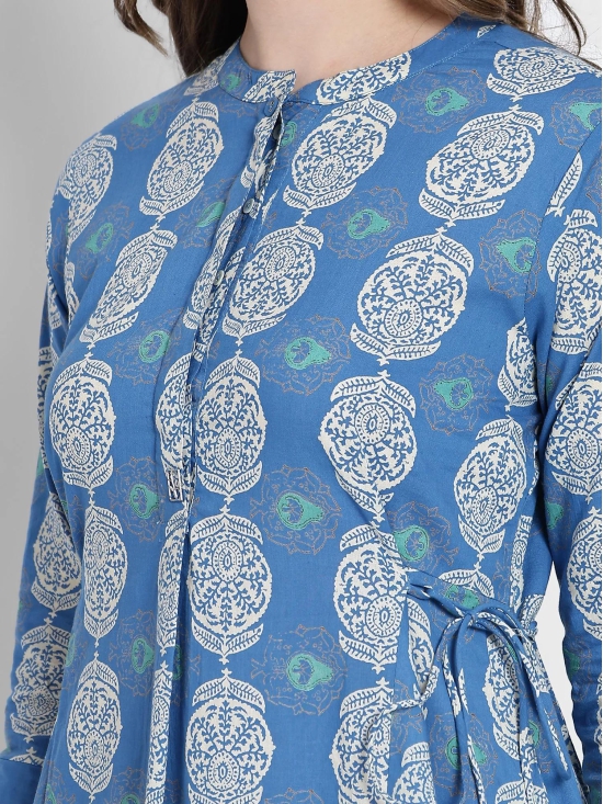 Blue Block Printed Cotton Kurta-3X Large