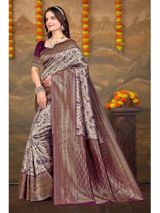 Om Shantam Sarees Kanjivaram Silk Woven Saree With Blouse Piece - Lavender ( Pack of 1 ) - Lavender