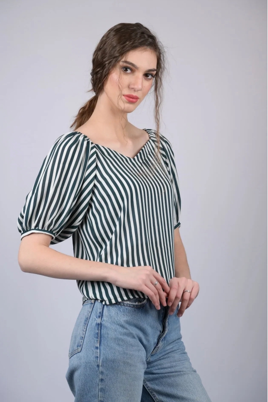 White and Green Striped Relaxed Fit V-Neckline Top (OTL-TPS1020)-Blue / S