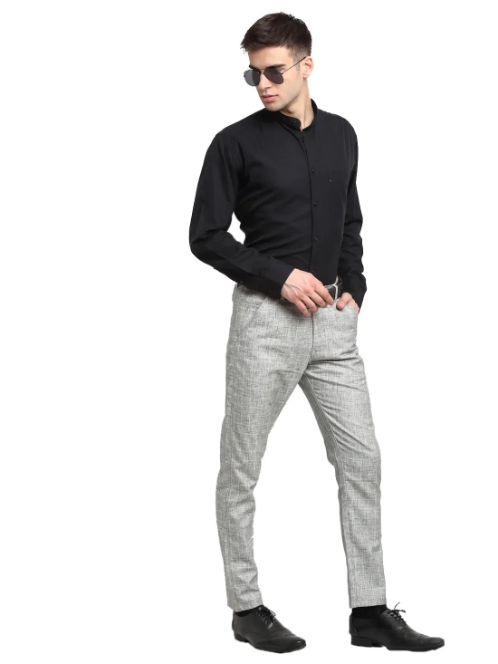 Indian Needle Men's Grey Cotton Solid Formal Trousers-30 / Grey