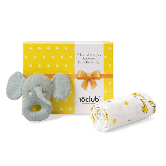 New Baby Gift set - Baby Swaddle and Rattle Gift Set Yellow and Gray