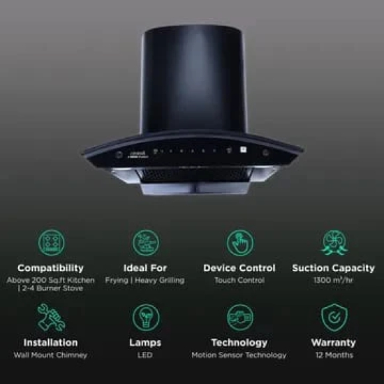 Croma 60cm 1300m3/hr Ducted Auto Clean Wall Mounted Chimney with Touch & Gesture Control (Black)