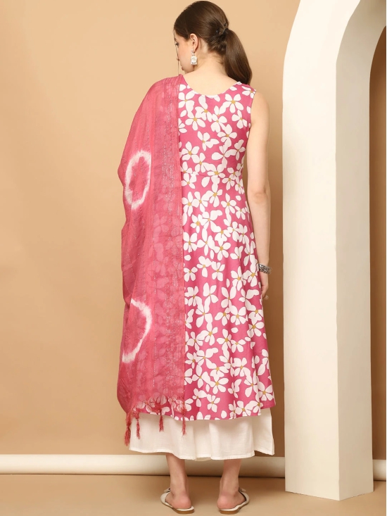 Printed pink flowers flared kurta pallazos dupatta set-M / Pink