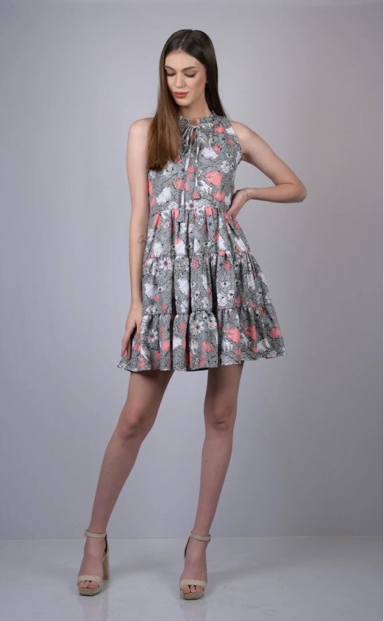 Grey Floral Print Fit and Flare Dress (OTL-DRS1001)-Grey / M