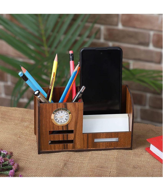 RAVARIYA GRAPHICS Pen Stand With Clock, Business Visiting Card & Mobile Holder | Multipurpose Wooden Desk Organizer Pen And Pencil Holder Stand For Office Desk And Study Table (4 In 1)