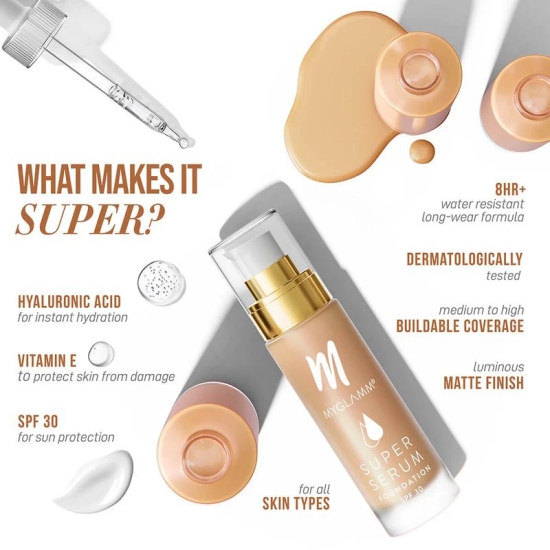 MyGlamm Super Serum Foundation - 302W Wheat | Serum-Infused, Long Lasting, Water-Resistant Foundation With SPF 30 For Sun Protection (33g)