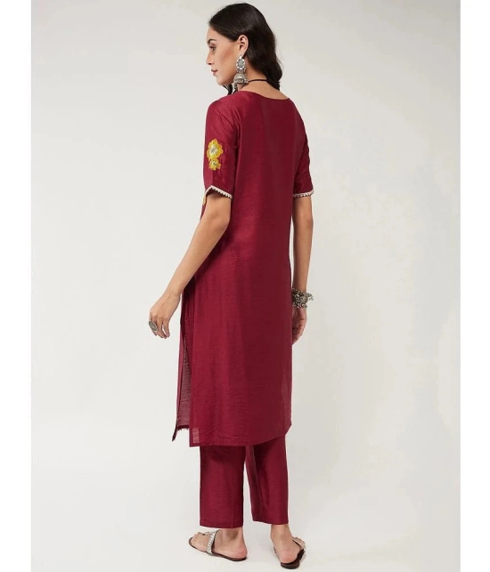 Pannkh Viscose Embroidered Straight Womens Kurti - Maroon ( Pack of 1 ) - None