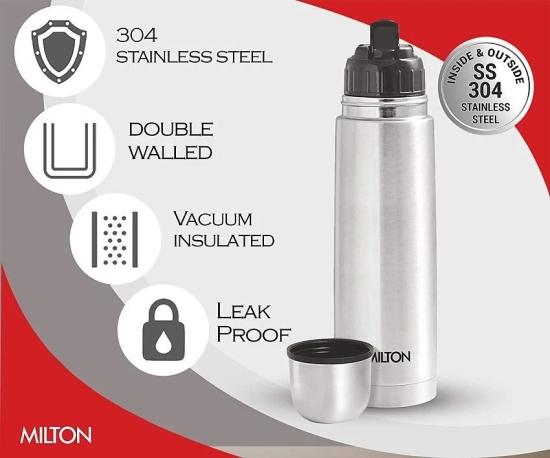 Milton Flip Lid 1000 Thermosteel 24 Hours Hot and Cold Water Bottle with Bag, 1 Litre, Silver