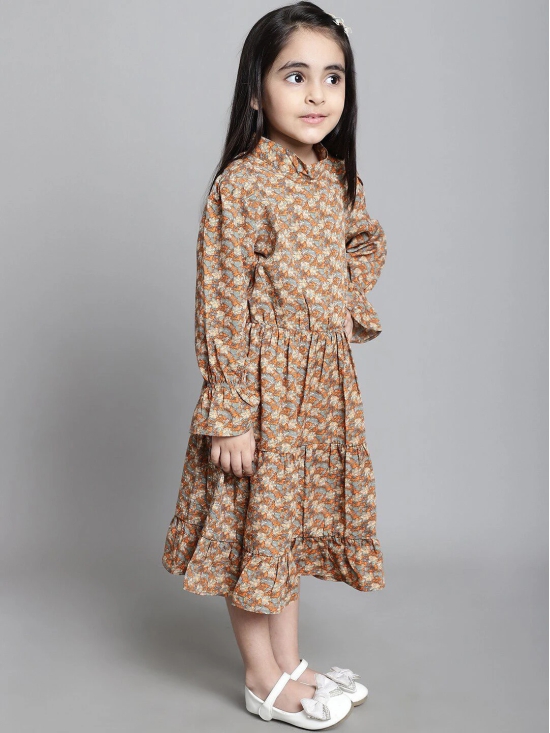 MINI & MING Girls Floral Print Mock Neck Bell Sleeves Crepe Shirt Midi Dress