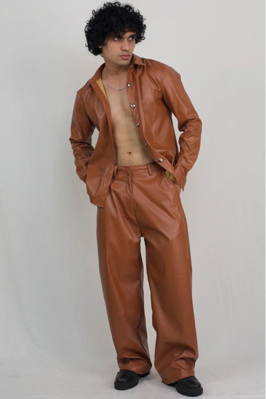 Leather jacket and wide leg trousers-Tan / Custom