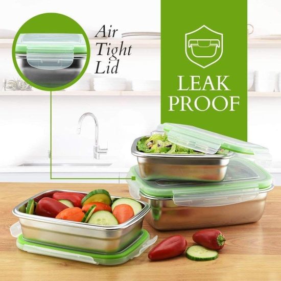 Femora Lunch Box High Steel Rectangle Heavy Duty Airtight Leakproof Unbreakable Storage Container with Lock Lid Lunch Box for Office-College-School, Lunch Box - 2800 Ml/gm, Set of 2, Silver