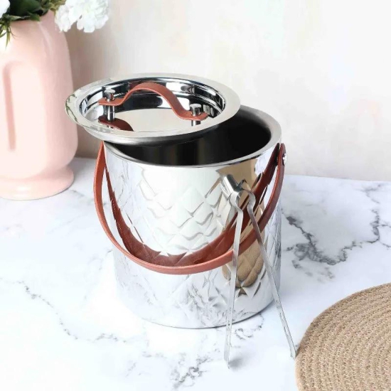 LEATHER HANDLE ICE BUCKET WITH TONG-Rose Gold