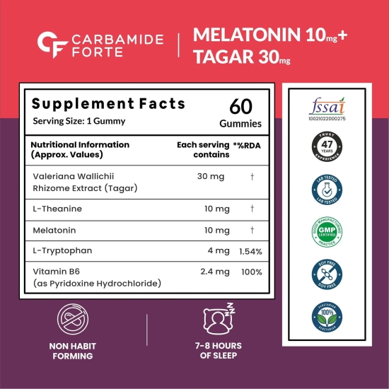 Carbamide Forte Melatonin 10mg Gummies - with TAGARA, L Tryptophan & Vitamin B6 | Sleep Aid Supplement – 60 Veg Gummies