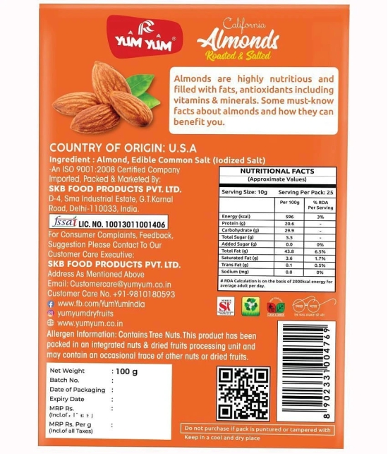 YUM YUM Raw California Almonds (Pack of 4-100g Box Each) 400 g Pack of 4