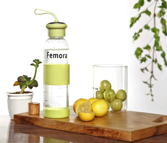 Femora Borosilicate Glass Green Leak Proof Drinkware Water Bottle, 500 ML