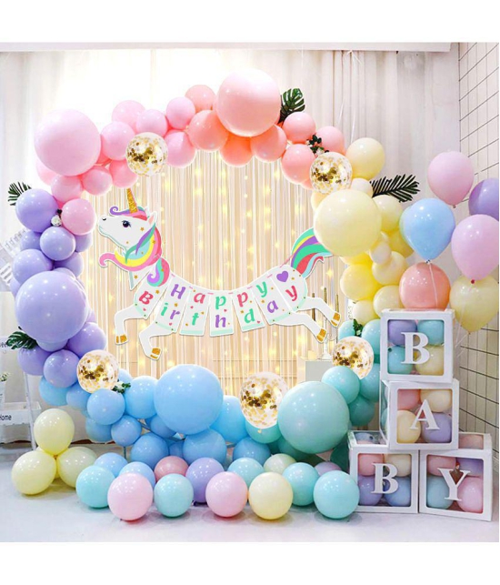 Zyozi Unicorn Theme Birthday Decorations | Canopy Tent Birthday Decorations Items | Unicorn Birthday Decorations Kit - Banner, Pastel Balloons, Confetti Balloons, Rice Light (Pack Of 37) - M