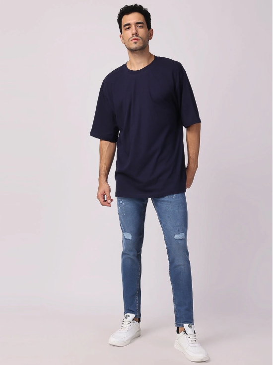 Navy Blue Plain Oversized Drop Shoulder T-Shirt-L / Navy Blue