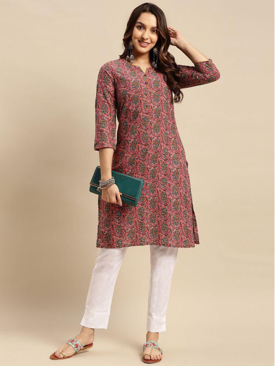 Rangita Women 100% Cotton Coral Floral Printed Knee Length Straight Kurti - None