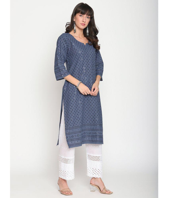 Queenley - Blue Cotton Women's Straight Kurti ( Pack of 1 ) - XXL