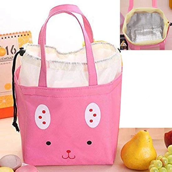 Nidy Lovely Animal Drawstring Fashion Portable Cartoon Cute Insulated Lunch Bag Thermal Women Food Picnic Lunch Bags for School Students Tote Bags (Pink)