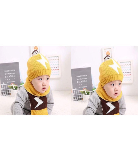 Penyan Winter Woolen Beanie Cap for Babies Girls & Boys with Muffler (Yellow) - None