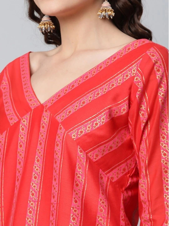 Women Red Striped Kurta with Trousers