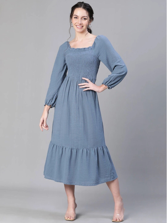 Oxolloxo Solid Smocked Puff Sleeve Tiered Cotton Fit & Flare Midi Dress